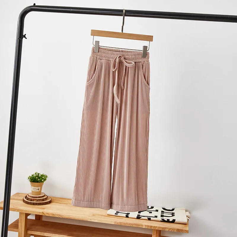 Модные штаны для девочек прямые широкие свободные брюки в полоску с карманами