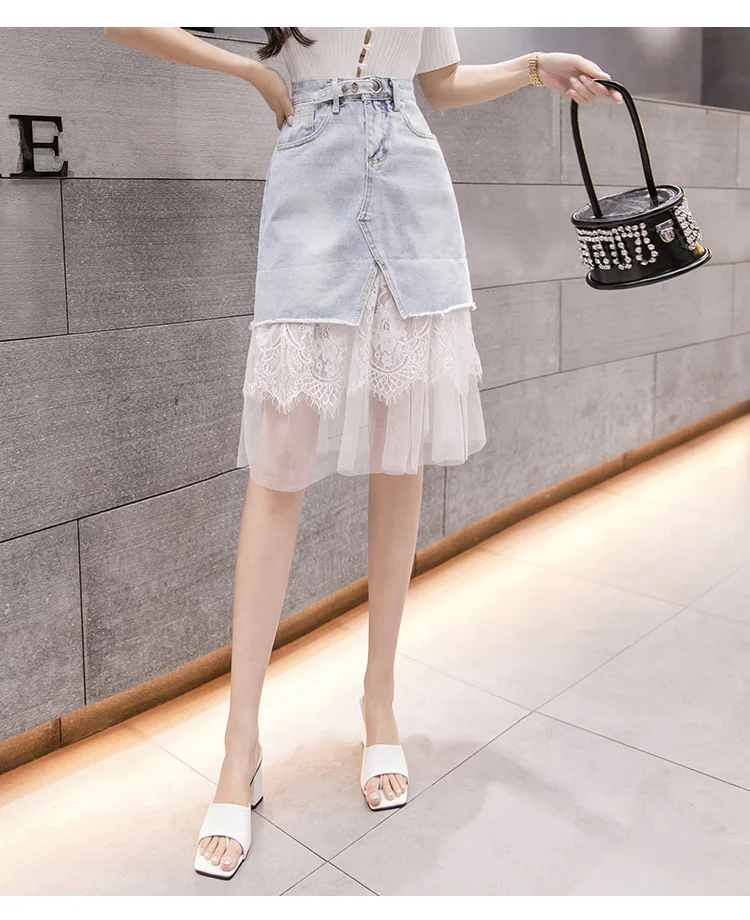 

Free Shipping The Summer New Fashion Hip Mesh Women's Dress High Waist Patchwork Denim Lace Splicing Women's Skirt.