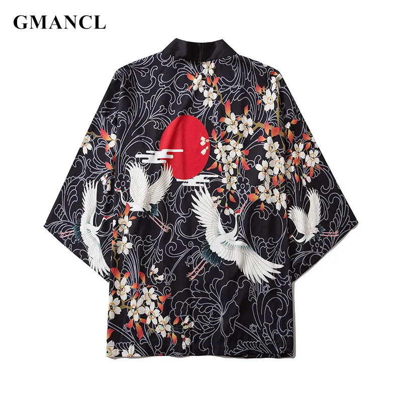 Мужская белая куртка с принтом журавлей в японском стиле рукавом до локтя