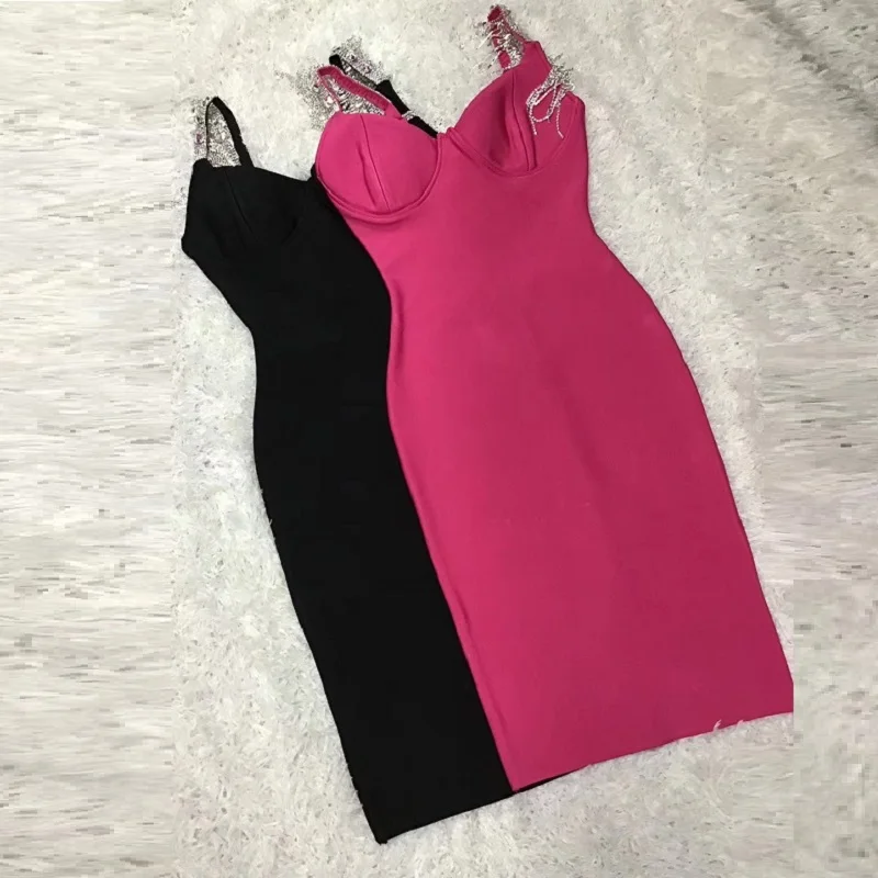 

New Fashion Hot Selling Pink Spaghetti Strap Luxury Bandage Midi Party Causal Outfit Dress Wholesale Online