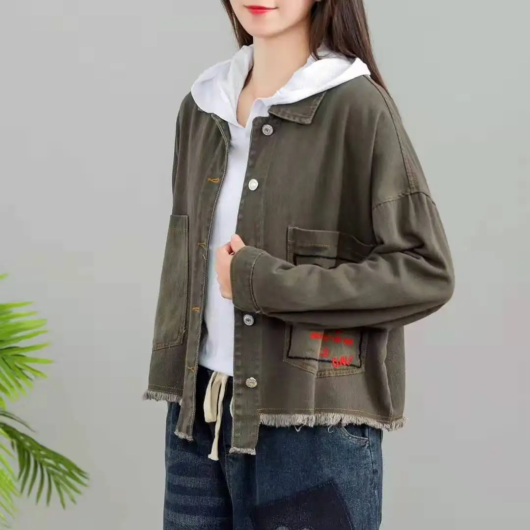 Осенние куртки женские ретро большие размеры Свободная Повседневная джинсовая