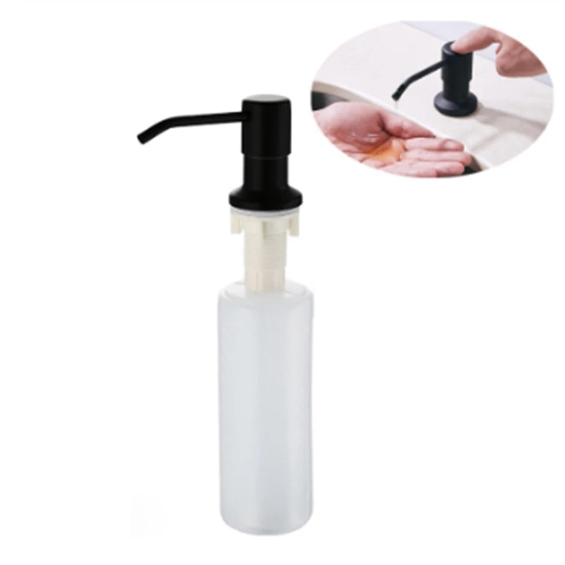 

300Ml Kitchen Sink Hand Soap Dispenser Plastic Bottle, Liquid Under Brushed Nickel Head,for Bathroom and Kitchen-Black