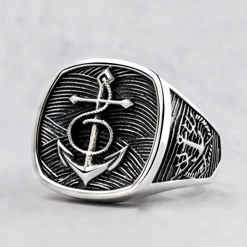 

S925 silver Nordic fearless ship anchor man's ring, wide version original design personalized Navy style forefinger ring