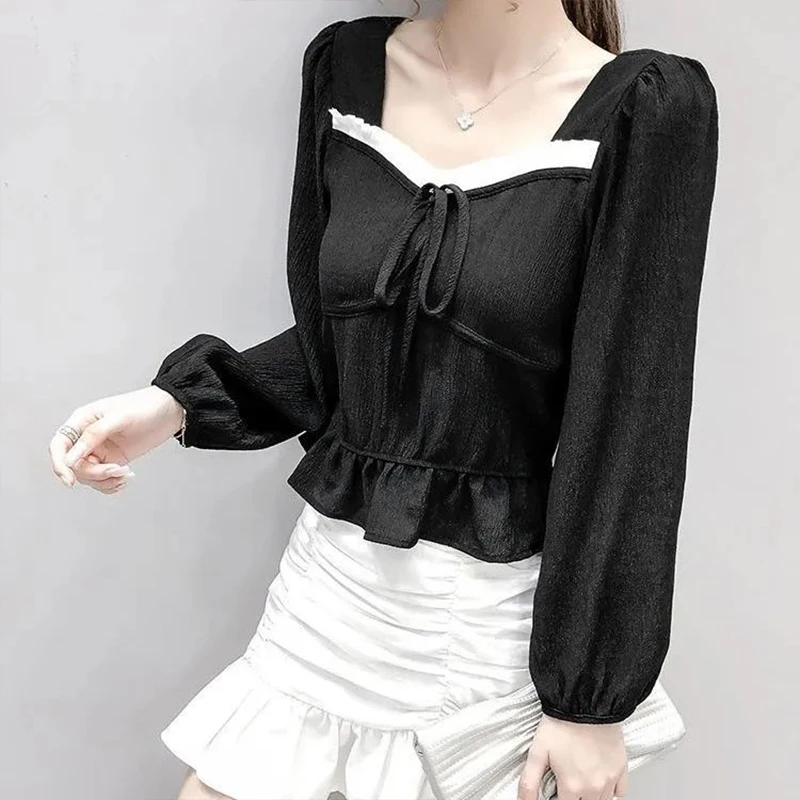 

Women's Spring Autumn Style Blouses Shirt Women's Long Sleeve Lace Up Ruffles Puff Sleeve Square Collar Casual Tops DD9072