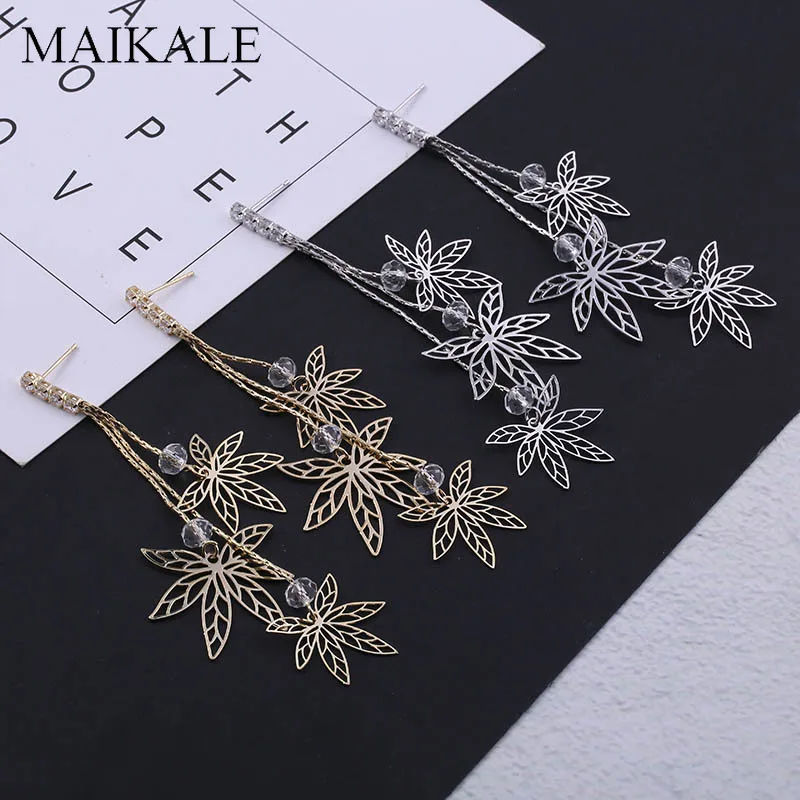 MAIKALE уникальный дизайн полый лист длинные серьги с кисточками золотые серебряные