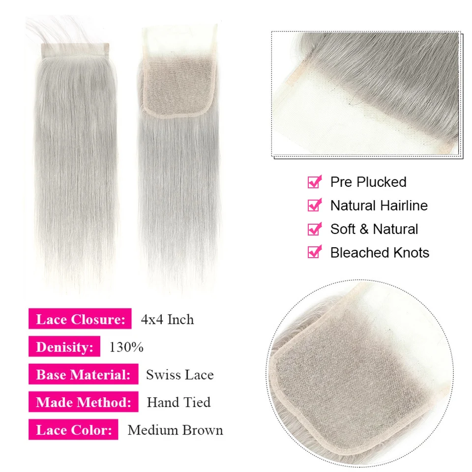 Silver Grey Closure Human Hair Straight HD Lace Closure Only Brazilian Remy Hair 4x4 Swiss Closure 20 Inch Medium Part Yimeishun