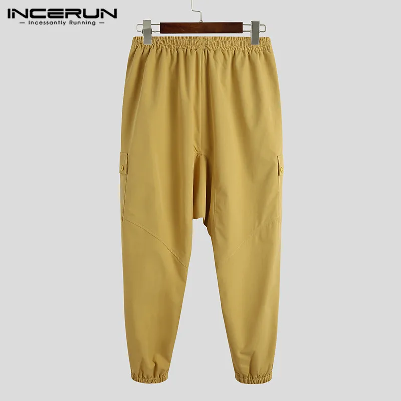 

INCERUN Solid Color Men Cargo Pants Loose Joggers Drawstring Multi Pockets Casual Trousers Streetwear Fashion Pantalones Hombre