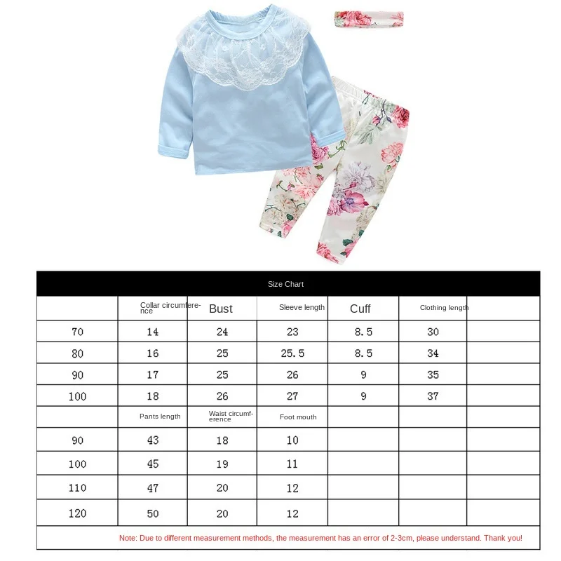 

2021 Spring and autumn girls' suit Baby girl light blue long-sleeved pullover sweater + flower long pants + three-piece headband