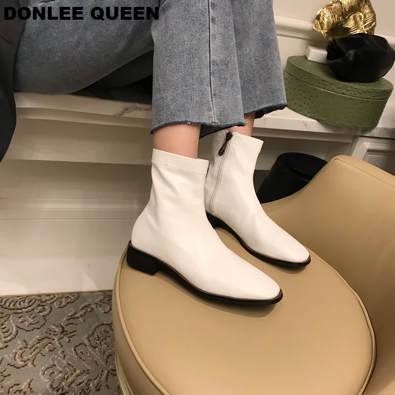 2019 Fashion Women Ankle Boots Flat Heel Square Toe Zipper Solid Female Shoes Casual Soft Black zapatos mujer | Обувь
