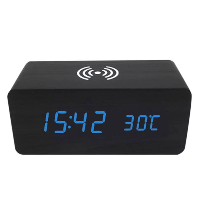 

Digital Alarm Clock With Wireless Charging, LED Wood Large Display, USB Port, Date And Temperature Displays, For Bedroom