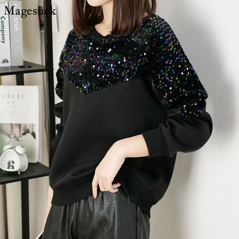 Свободные размера плюс пуловер Толстовка женская осень-зима толстовка с круглым