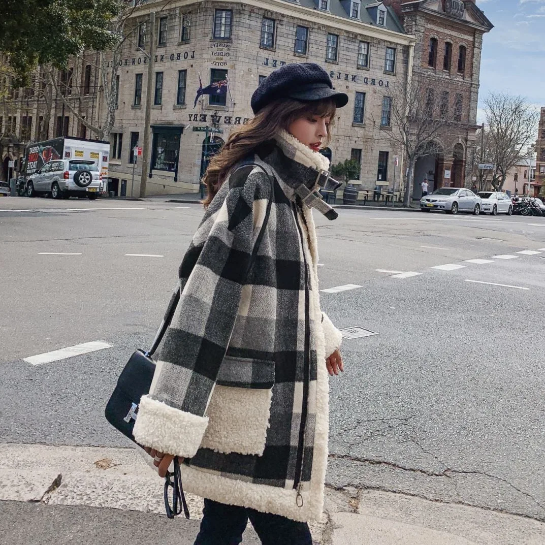Шикарное шерстяное пальто в клетку Женское зимнее черное и белое свободное
