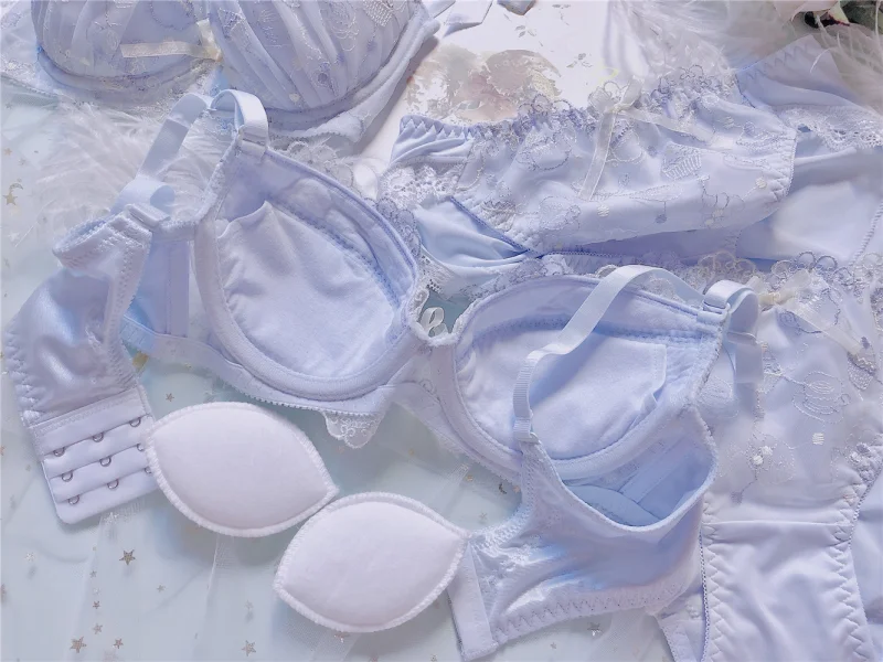 Women Set 2 Piece Japanese Sexy Bra Panties Push Up Kawaii Cup Plus Size Lingerie Femme White Blue Bra Panties Thong New