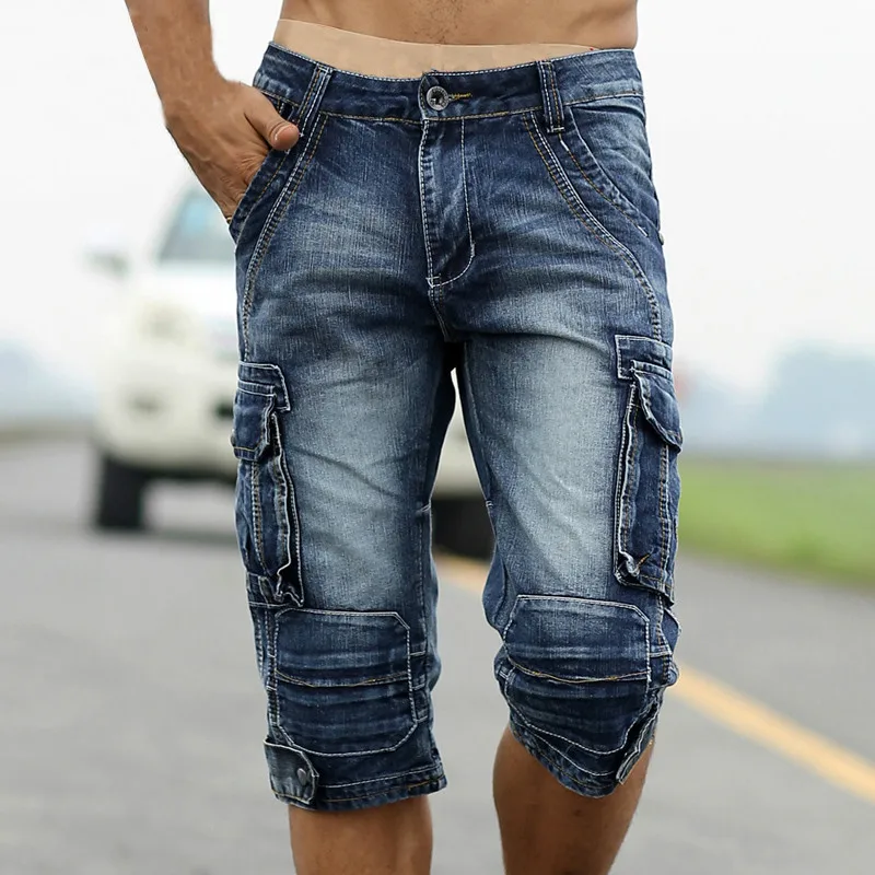 

2021 Summer Male Retro Cargo Denim Shorts Vintage Acid Washed Faded Multi-Pockets Military Style Biker Jeans for Men