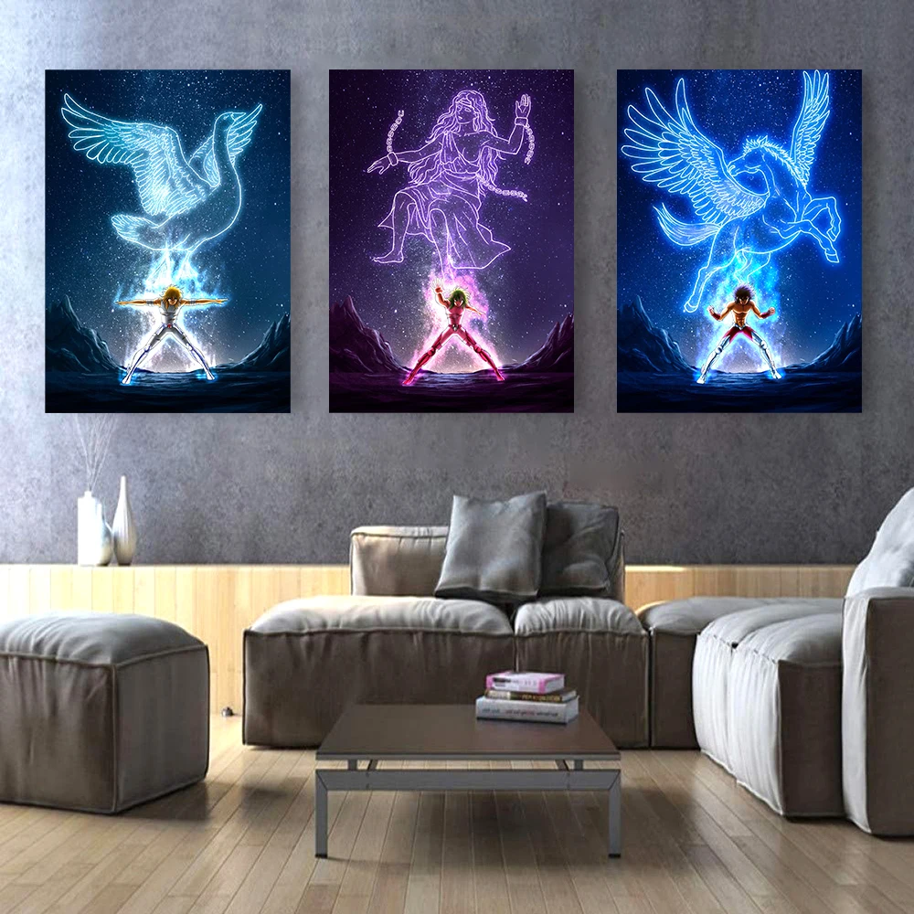 Anime Saint Seiya Poster Dragon power Andromeda Pegasus Neon Wall Art Home Decoration Kawaii Room Decor Canvas | Дом и сад