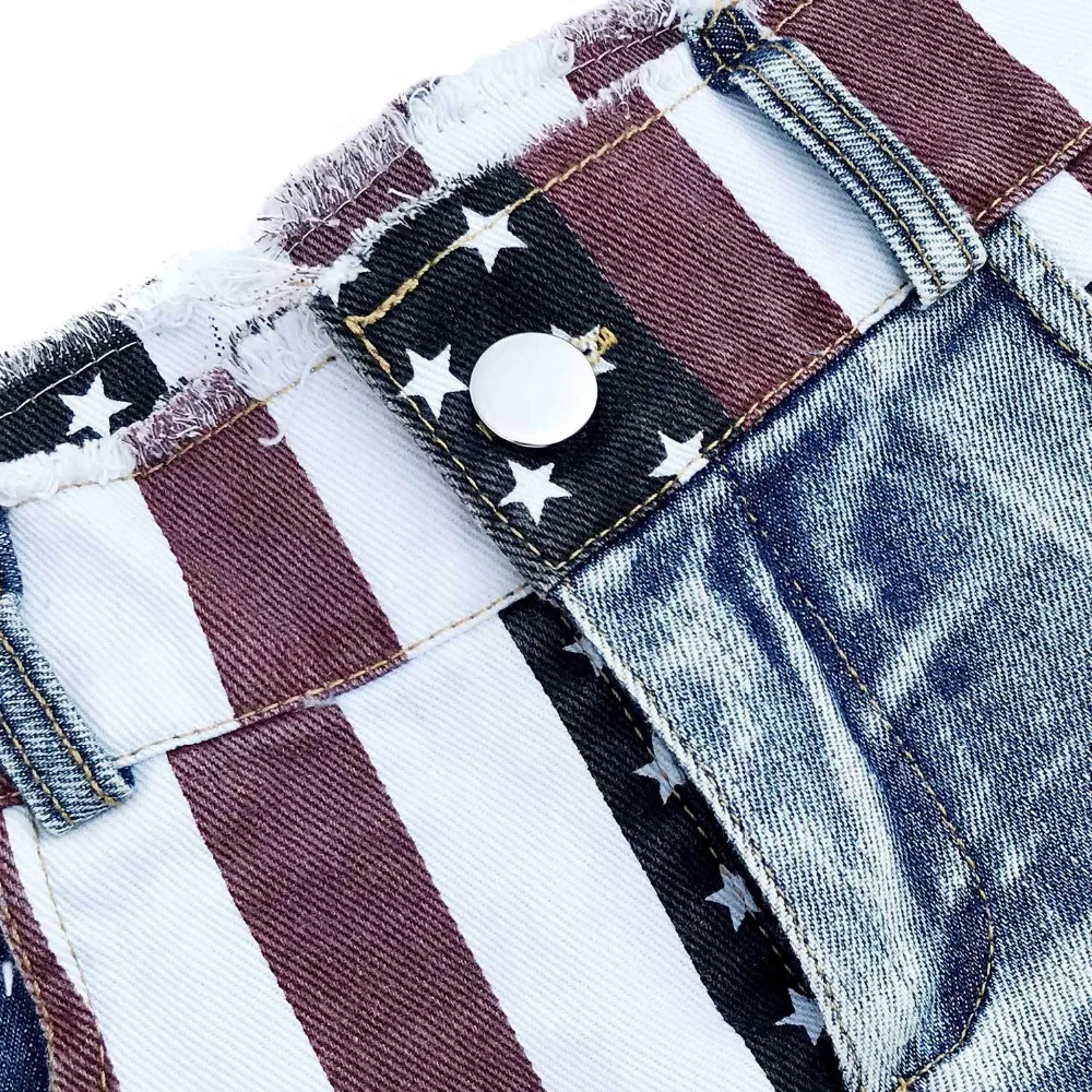New  Sexy Women's High Waist Hole Jeans Shorts American Flag Printed Daisy Duke Ripped Denim Shorts