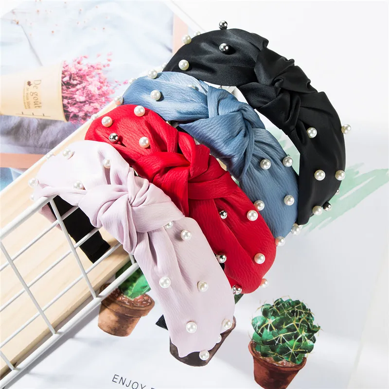 Женская повязка для волос с узлом однотонная широкая искусственным жемчугом