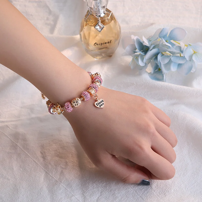 

I Love You Heart Pendants Pan-Style Bracelets Gold-Plated Bangles Gift Fit Original Charms Pan Beads For Jewelry Making