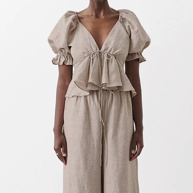 

ONEINALL Solid Casual Women's Sets V Neck Puff Short Sleeve High Waist Drawstring Loose Wide Leg Pants Female 2021 Fashion Style