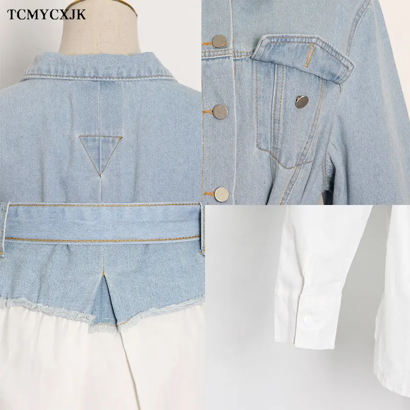 

2021 Spring New Fashion Casual Lapel Single-breasted Denim coat Women belt Contrast Stitching Irregular Denim Jacket Women Coats