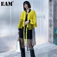 eam loose fit yellow hem mesh big size jacket new stand collar long sleeve women coat fashion tide spring autumn 2022 1de1813