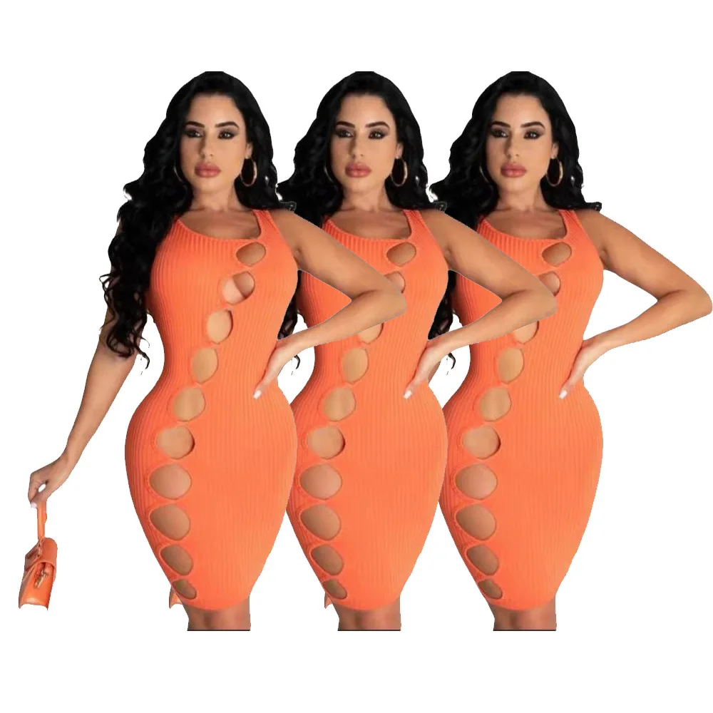 

2021 Summer New Women's High Elastic Sunken Stripe Oblique Hole Elegant Sexy Sheath Dress
