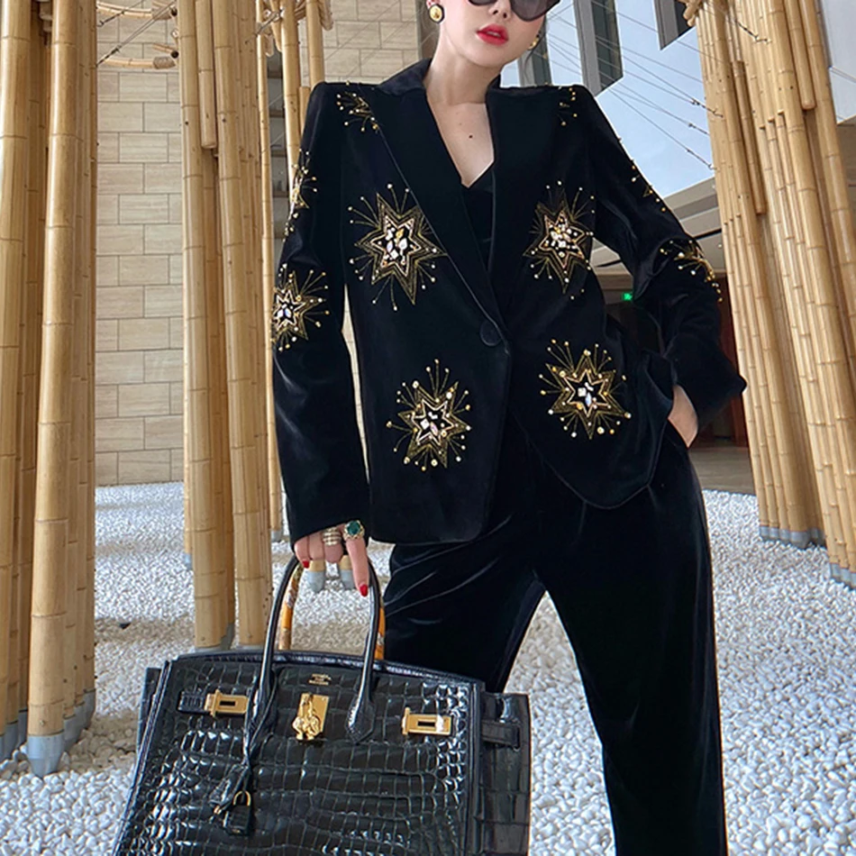 

Long Sleeve Sequins Beaded Jacket High Quality Ladies Suit Luxury Lapel Embroidery Slim Elegant Designer Club Party Jacket