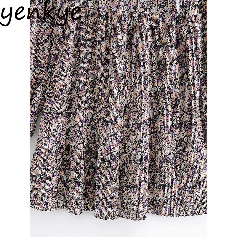 

Summer Women Ruffle Vintage Floral Print Long Sleeve V Neck Pleated Casual Dress Short Vestido