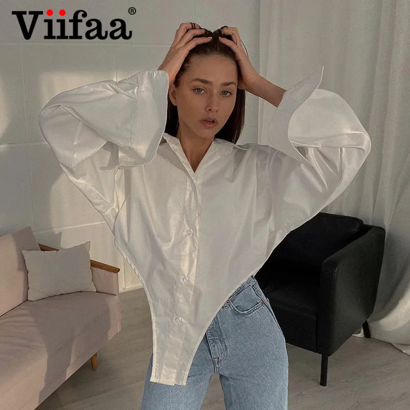 

Viifaa Turn-Down Collar Button Up Long Sleeve White Shirts for Women Drop Shoulder Autumn Novelty Blouses 2021 Fashion Tops