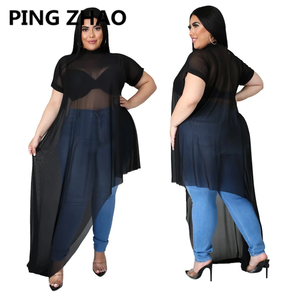 

PING ZHAO Women Plus Size Dress Solid Short Sleeve Mesh See-through Asymmetrical Dresses Sexy Fashion Summer Outfits 2021