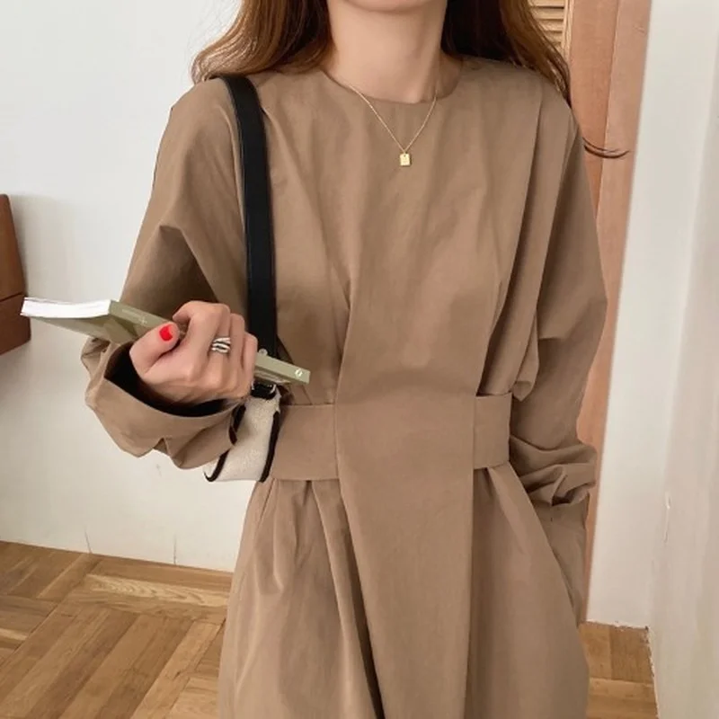 

2021 Early Autumn New Korean Ins French Temperament Waist Tie Wide Loose Dress Long Sleeve and Ankle Skirt Commuter Style 3color