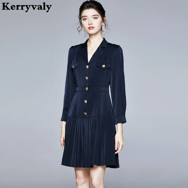 

British OL Suit Brazel Blue Pleated Dress Women Long Sleeve Office Vintage Dress Robe Femme Roupa Feminina K8713