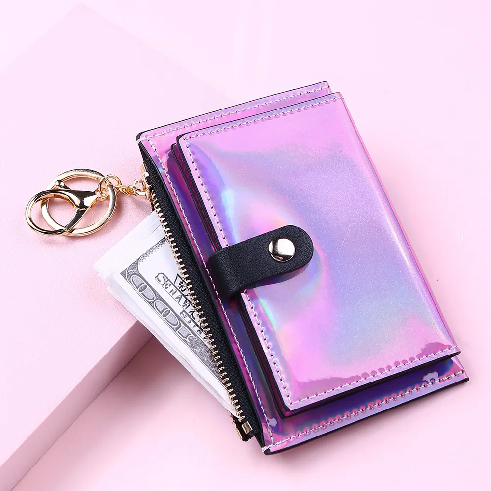 

2022 New Laser PU Leather Wallets for Women Multi-card Sequined Short Two-fold Wallet Solid Color Zipper Buckle Coin Purse
