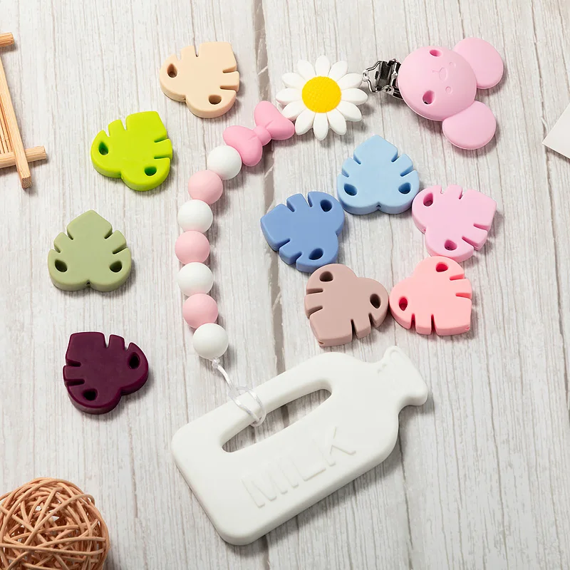 TYRY.HU-Cuentas de hojas de silicona para beb&eacute;, mordedor de silicona, Clip para chupete, cadenas, cuentas de joyer&iacute;a de dibujos animados, sin BPA, 5 uds.-4