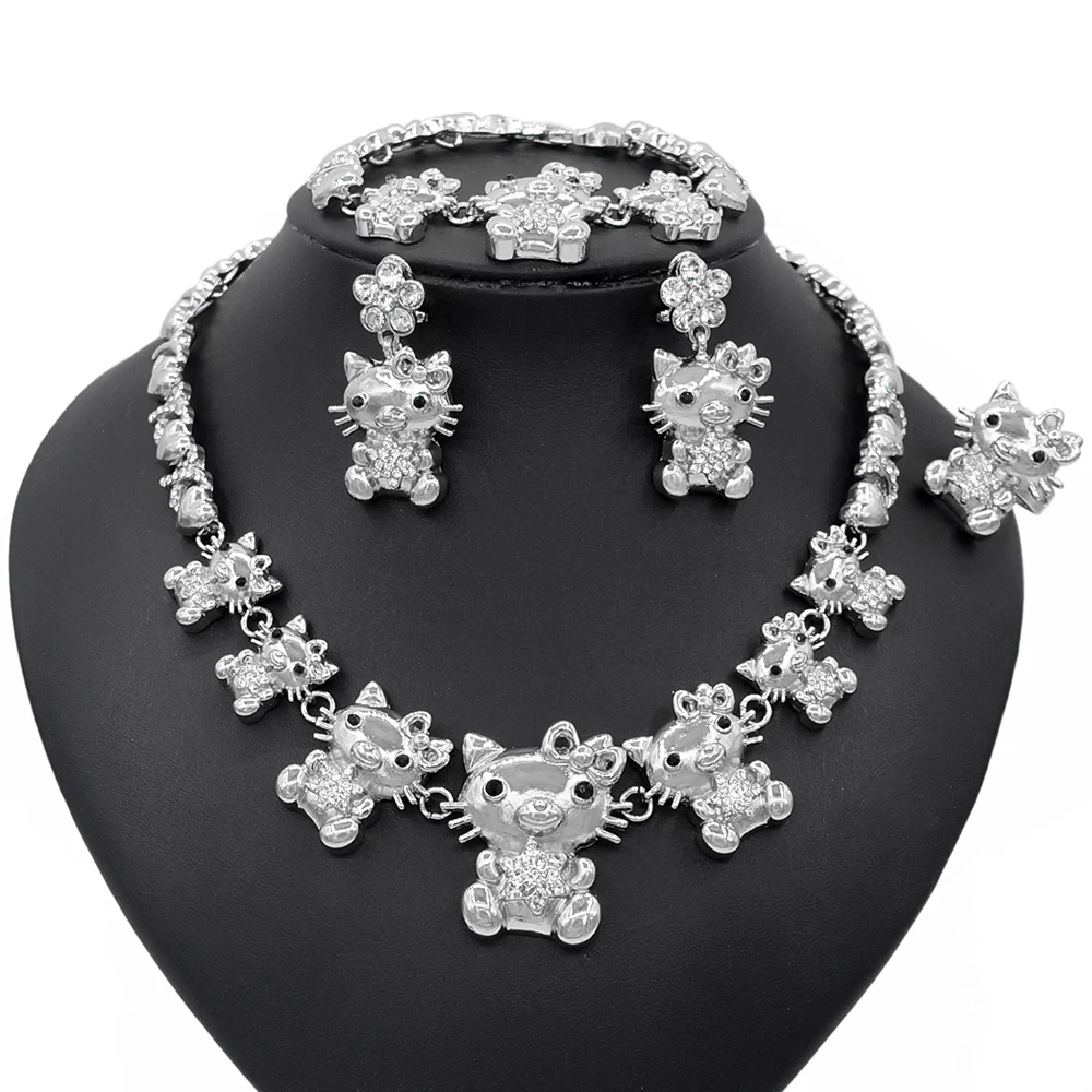 

Yulaili Cute Animal Cats Jewelery Crystal Necklace Dangle Earrings Bracelet Ring Women Party Wedding Jewelry Sets Wholesale