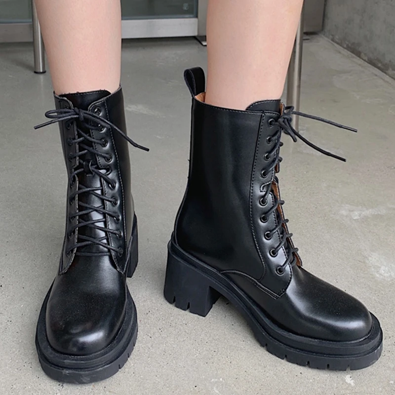

2021 Women Mid Martin Chelsea Boot Female Platform Square Heels Shoes Fashion New Lace Up Shoes Ladies Ankle Short Boots