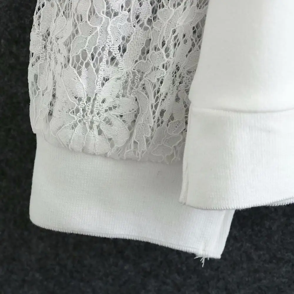 

Plus size solid black white O neck embroidery women Lace long sleeve sweatshirts 2021 new spring casual ladies pullovers tops