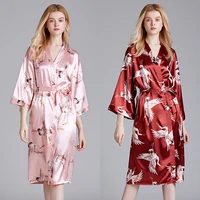 silk wedding pajamas women summer bridesmaid red dressing gown comfortable home night gown satin flying crane print nightgown