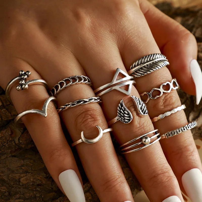 

12Pcs/Set Retro Hollow Geometric Silver Color Charm Exquisite Moon Wings Wedding Ring Set for Women's Memorial Day Jewelry Gift