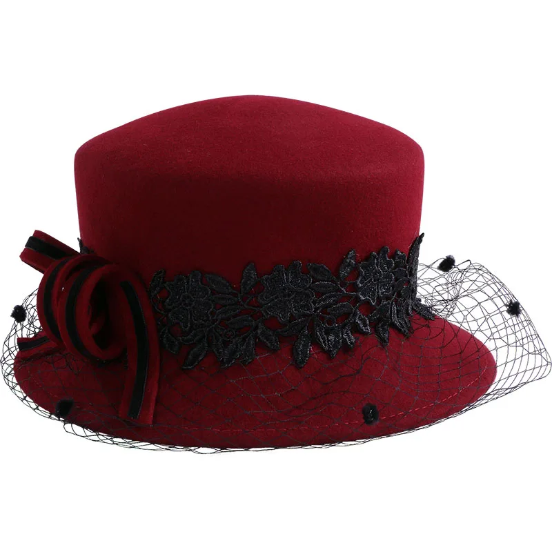 Шляпка женская из 100% шерсти с вуалью Черная|Женские фетровые шляпы| |