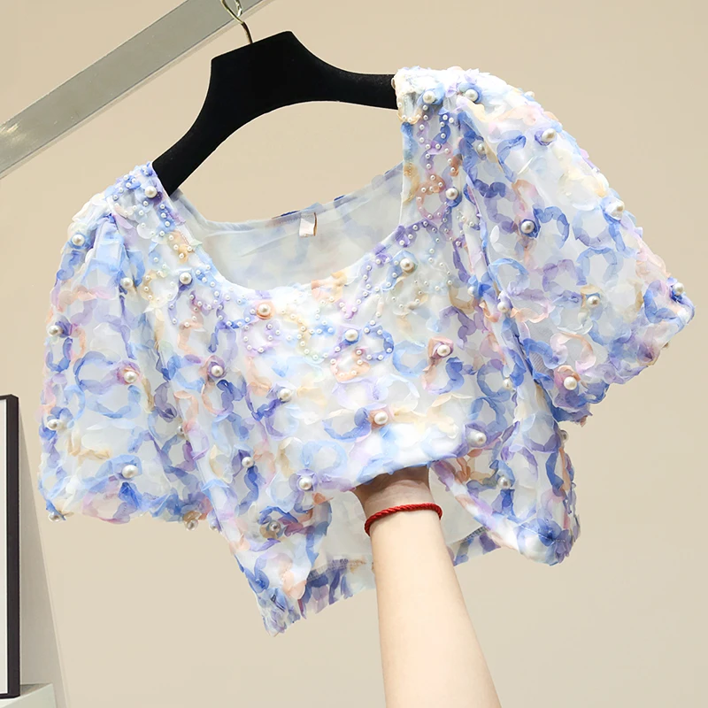 

Женская шифоновая рубашка с коротким рукавом, летняя, с бисером