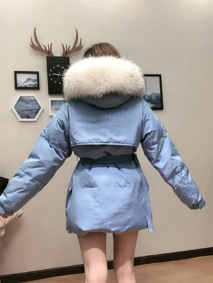 White Down Coat Winter Woman Fashion New Hooded Fur Collar Warm Thicken Cotton Clothing Casual Parkas Belt Overcoat f1401