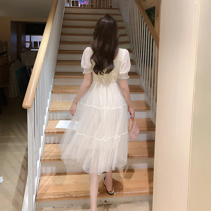 

Women Dresses Summer 2021 Vintage Solid Mesh Short Sleeve Dress Casual Square Collar Chiffon A Line Women Party Sundress