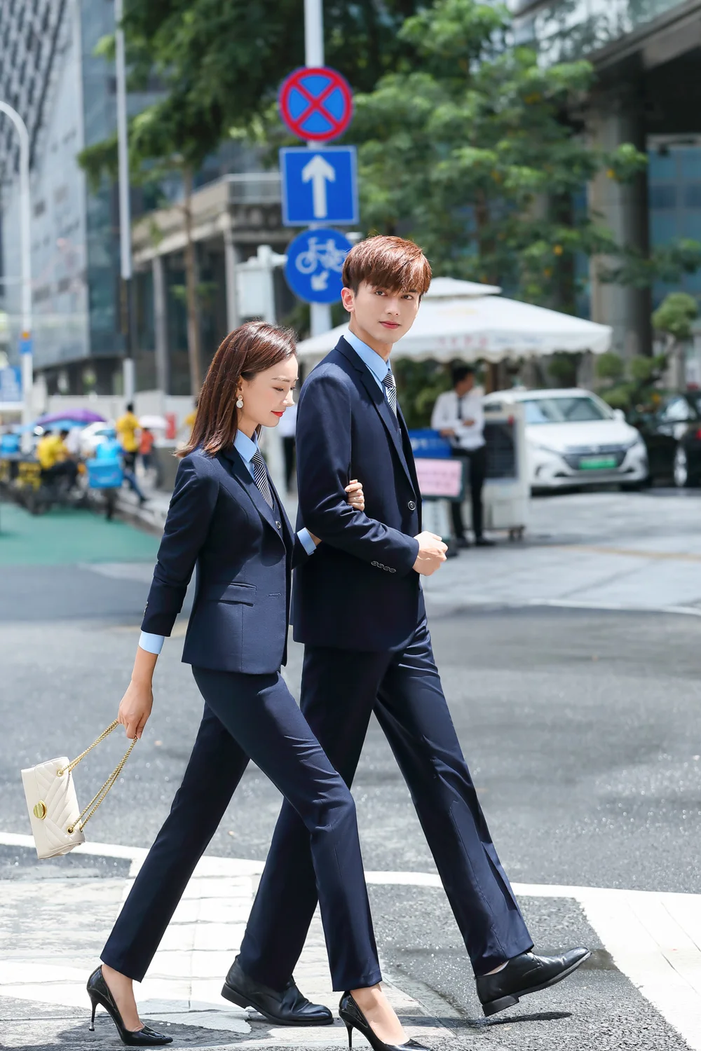 IZICFLY Autumn Office Ladies Uniform New Style Dark Blue Business Colleague Lovers Couple Men Women Suits With Pant Work Wear