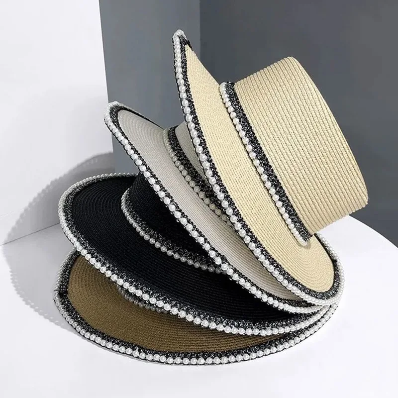 

2021 New Summer Women Hats Sequin Visor Cap Brim Jazz Travel England Pearl Beach Caps Straw Hat Women Casual Panama Sun Hat