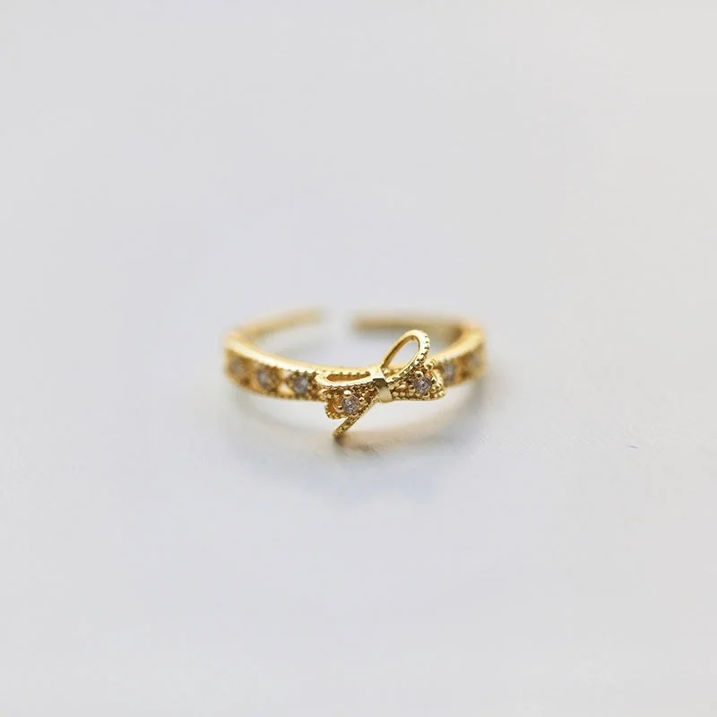 

925 Sterling Silver Gold Plated Hollow Out CZ Zircon Bowknot Resizable Open Rings for Women Korean Fashion Jewlery Wedding Ring