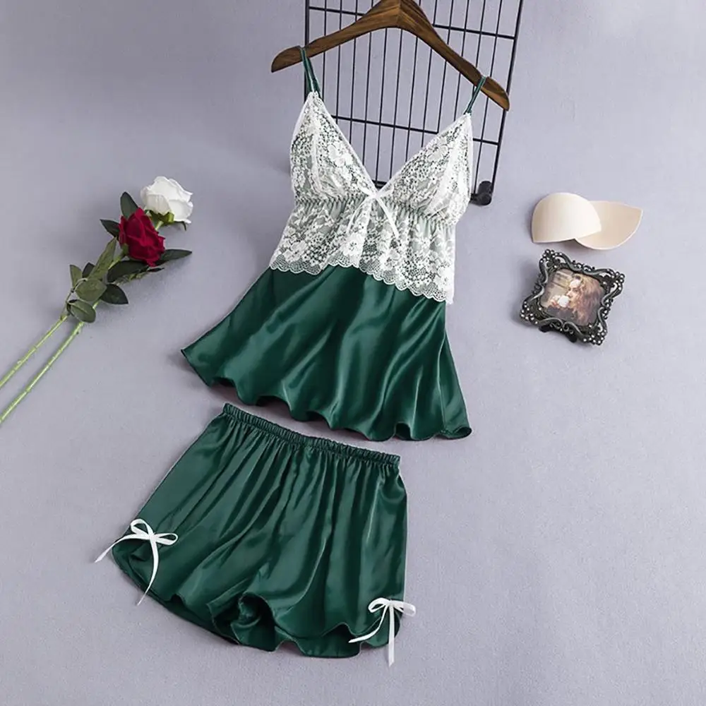 Пижама женская одежда для сна пижама атласная кружевная с v-образным вырезом