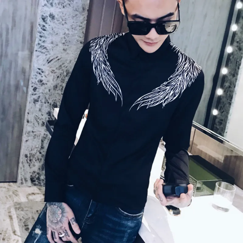 

Wings Print Men Shirt Long Sleeve Camisa Masculina Casual Slim Fit Dress Shirts Male Night Club Party Streetwear Social Shirt
