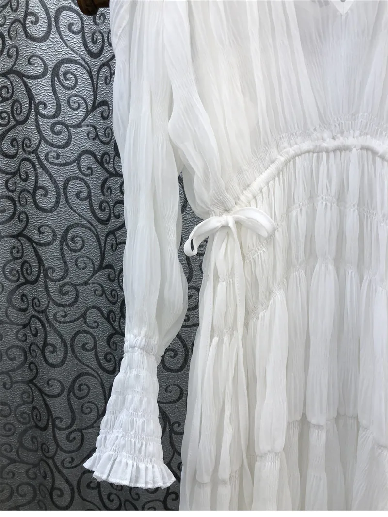 

New 2021 Spring Summer Long Dress High Quality Women V-Neck String Waist Long Sleeve Casual Pleated White Black Orange Dress