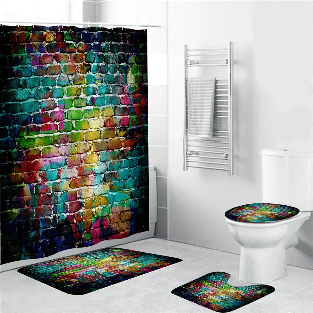 Занавеска для душа с кирпичной стеной набор крючками водонепроницаемая ткань из